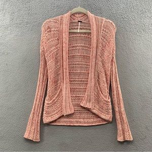 Free People Pink Peach Crochet Knit Cardigan Sweater Pockets Asymmetric Size S
